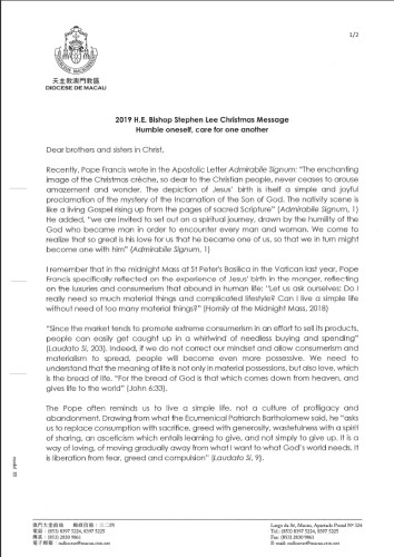 2019 H.E. Bishop Stephen Lee Christmas Message